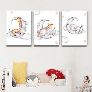 3pcs/Set Fabric Unframed Painting, Elephant & Moon Pattern Wall Art, 39x60cm